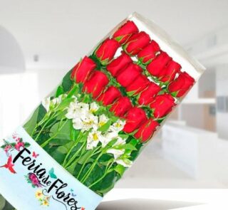 Caja transparente con 18 rosas rojas y flores blancas sobre fondo de interior desenfocado