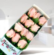 Caja rectangular transparente con doce rosas rosadas y hojas verdes sobre fondo interior desenfocado