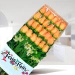 Caja transparente con 24 rosas color salmón ordenadas en filas sobre fondo interior desenfocado