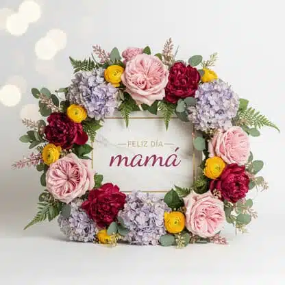 Ilustración de flores en acuarela con el texto Feliz día mamá en el centro