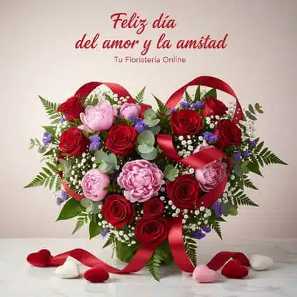 Tarjeta de Feliz día del amor y la amistad con rosas rojas, corazones y cinta roja sobre fondo de madera clara