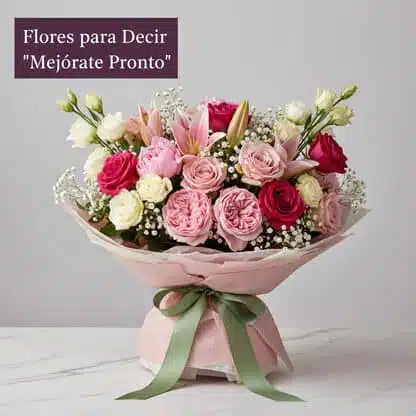 Ramo de flores con rosas y lirios en tonos rosa, fucsia y blanco, envuelto en papel rosa con lazo verde, junto a un recuadro vino con el texto Flores para Decir Mejórate Pronto