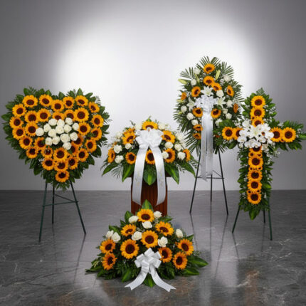 Arreglos fúnebres de girasoles amarillos y flores blancas en forma de corazón, cruz, coronas y centro floral sobre caballetes en una sala velatoria