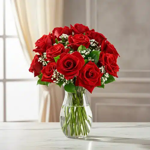 Arreglo de rosas rojas frescas con follaje verde y flores blancas pequeñas en un jarrón de cristal sobre una mesa clara