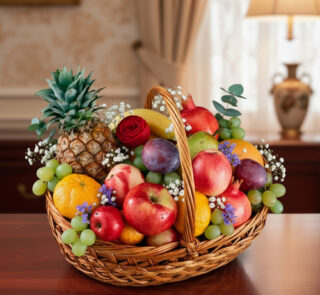 Canasta de mimbre llena de frutas variadas como piña, manzanas, uvas, plátano, granada, cítricos y flores decorativas sobre una mesa de madera en interior elegante