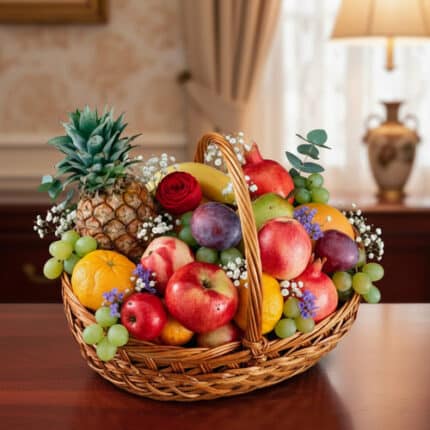 Canasta de mimbre llena de frutas variadas como piña, manzanas, uvas, plátano, granada, cítricos y flores decorativas sobre una mesa de madera en interior elegante