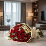 Ramo de rosas rojas envuelto en papel crema con lazo, acompañado de caja de bombones, apoyado sobre una mesa de mármol en un salón moderno