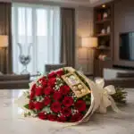 Ramo de rosas rojas envuelto en papel crema con lazo, acompañado de caja de bombones, apoyado sobre una mesa de mármol en un salón moderno