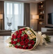 Ramo de rosas rojas envuelto en papel crema con lazo, acompañado de caja de bombones, apoyado sobre una mesa de mármol en un salón moderno