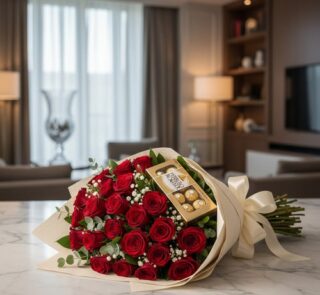 Ramo de rosas rojas envuelto en papel crema con lazo, acompañado de caja de bombones, apoyado sobre una mesa de mármol en un salón moderno