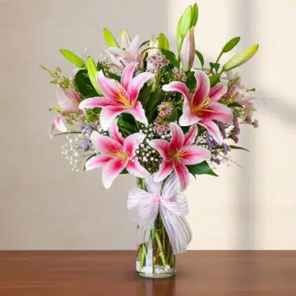 Arreglo de lirios rosas y flores blancas en un florero de cristal con lazo sobre mesa de madera
