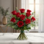 Ramo de rosas rojas con follaje verde y paniculata blanca sobre mesa de mármol en interior luminoso