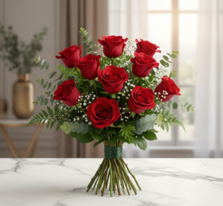 Ramo de rosas rojas con follaje verde y paniculata blanca sobre mesa de mármol en interior luminoso