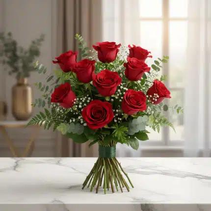 Ramo de rosas rojas con follaje verde y paniculata blanca sobre mesa de mármol en interior luminoso