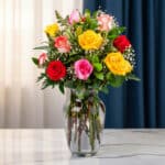 Arreglo floral de rosas rojas, rosas y amarillas con paniculata en jarrón de cristal sobre mesa de mármol