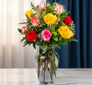 Arreglo floral de rosas rojas, rosas y amarillas con paniculata en jarrón de cristal sobre mesa de mármol