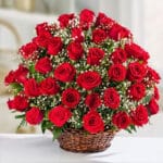 Ramo grande de rosas rojas frescas con paniculata blanca en una canasta de mimbre sobre superficie blanca