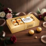 Caja rectangular dorada de bombones Ferrero Rocher sobre mesa de madera, con rosas decorativas y dos bombones sueltos en primer plano