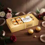 Caja rectangular dorada de bombones Ferrero Rocher sobre mesa de madera, con rosas decorativas y dos bombones sueltos en primer plano