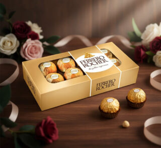Caja rectangular dorada de bombones Ferrero Rocher sobre mesa de madera, con rosas decorativas y dos bombones sueltos en primer plano