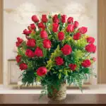 Arreglo floral de rosas rojas con follaje verde en canasta de mimbre sobre mesa de madera