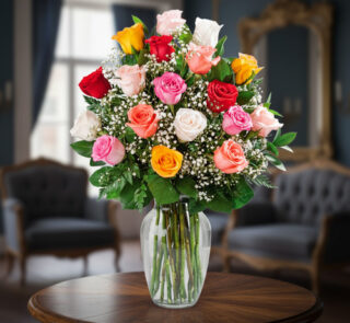 Arreglo floral de rosas rojas, rosas, blancas, amarillas y naranjas con paniculata en un jarrón de cristal sobre una mesa de madera en una sala elegante