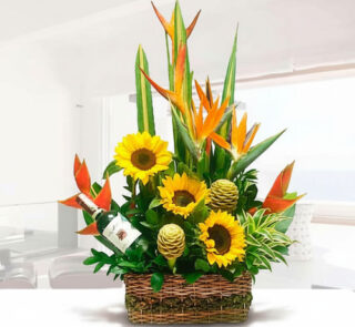 Arreglo floral tropical con girasoles amarillos, aves del paraíso naranjas, follaje verde y una botella de vino blanco en una canasta de mimbre sobre fondo interior blanco