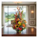 arreglo floral tropical con girasoles, aves del paraíso, gerberas y follaje verde sobre mesa de madera en interior luminoso