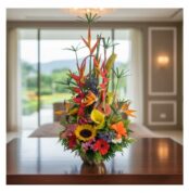 arreglo floral tropical con girasoles, aves del paraíso, gerberas y follaje verde sobre mesa de madera en interior luminoso