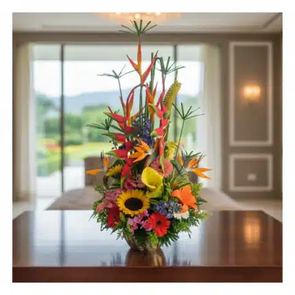arreglo floral tropical con girasoles, aves del paraíso, gerberas y follaje verde sobre mesa de madera en interior luminoso