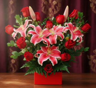 Arreglo de lirios orientales rosados y rosas rojas en caja roja sobre mesa de madera con cortina burdeos de fondo