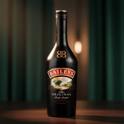Botella de Baileys The Original Irish Cream negra sobre una mesa de madera con fondo desenfocado y cortinas verdes