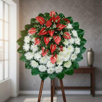 Corona floral redonda con anturios rojos y flores blancas sobre caballete de madera en interior