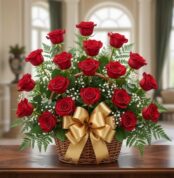 Canasta de mimbre con rosas rojas, lazo dorado grande y follaje verde sobre mesa en interior elegante