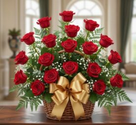 Canasta de mimbre con rosas rojas, lazo dorado grande y follaje verde sobre mesa en interior elegante