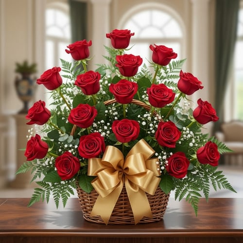 Arreglo de rosas rojas en canasta con lazo dorado Canasta de mimbre con rosas rojas, lazo dorado grande y follaje verde sobre mesa en interior elegante