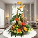 Arreglo de frutas frescas con flores tropicales de colores sobre una mesa blanca en una sala moderna