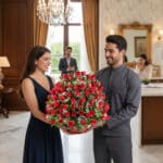 Hombre y mujer jóvenes sosteniendo un gran ramo de rosas rojas y flores blancas en un salón clásico y luminoso, con otras dos personas al fondo