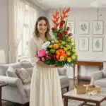 Mujer joven de vestido claro sosteniendo un gran arreglo de flores y frutas con peluche en una sala de estar luminosa