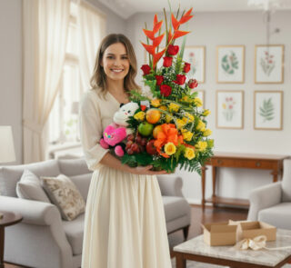 Mujer joven de vestido claro sosteniendo un gran arreglo de flores y frutas con peluche en una sala de estar luminosa