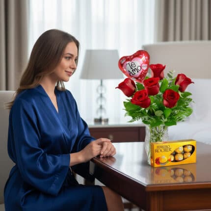 Mujer con bata azul sentada junto a una mesa de madera con un ramo de rosas rojas en florero de cristal, un globo en forma de corazón con la frase te amo y una caja de chocolates Ferrero Rocher