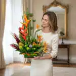 Mujer con vestido crema sostiene un arreglo floral tropical con flores naranjas, rojas y verdes y una botella de licor en el centro, en una sala elegante con espejo dorado al fondo