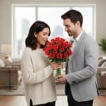 Hombre joven entrega un ramo de rosas rojas a una mujer sonriente en una sala de estar luminosa con grandes ventanales