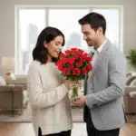 Hombre joven entrega un ramo de rosas rojas a una mujer sonriente en una sala de estar luminosa con grandes ventanales