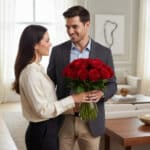 Hombre entregando un ramo de rosas rojas en jarrón de cristal a una mujer en un salón moderno y luminoso