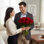 Hombre entregando un ramo de rosas rojas en jarrón de cristal a una mujer en un salón moderno y luminoso