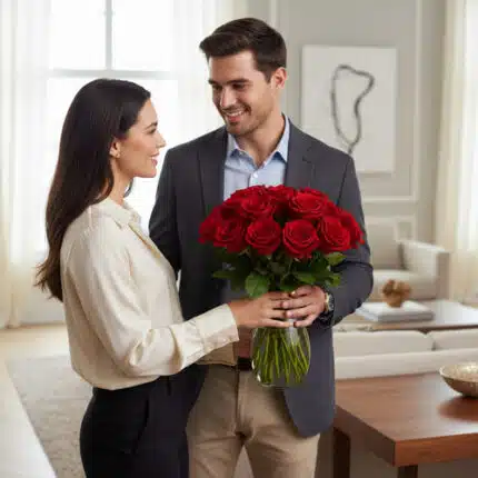 Hombre entregando un ramo de rosas rojas en jarrón de cristal a una mujer en un salón moderno y luminoso