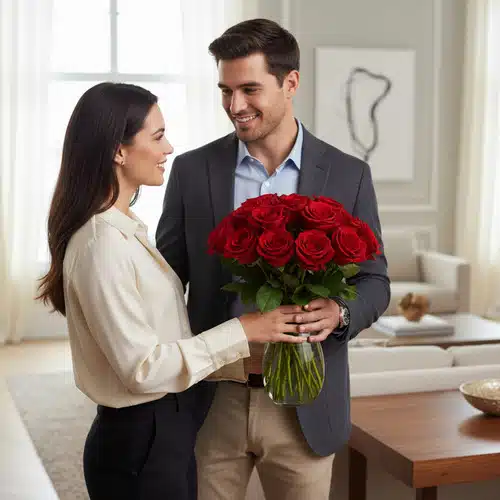 Hombre entregando un ramo de rosas rojas en jarrón de cristal a una mujer en un salón moderno y luminoso