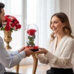 Mujer sonriente recibe de un hombre una rosa roja dentro de una campana de cristal sobre base negra y roja, con ramo de rosas al fondo en una sala luminosa