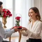 Mujer sonriente recibe de un hombre una rosa roja dentro de una campana de cristal sobre base negra y roja, con ramo de rosas al fondo en una sala luminosa